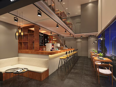 Modern Café Interior With Bar Counter Bar Stools And Window Side Tables 3d model