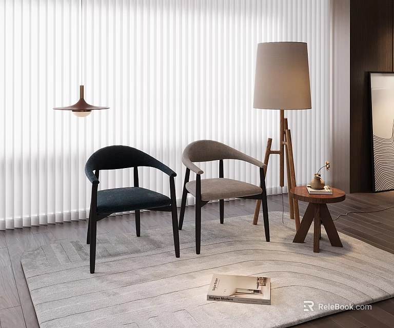 Modern Single Chairs In Dark And Light Upholstery With Floor Lamp Side Table Area Rug 3d model 