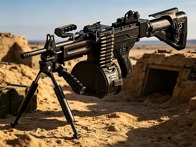 Military Machine Gun With Tripod And Ammunition Drum In Desert Sand Terrain 3d model
