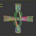 Cross Shaped Mechanical Structure With Green Circular Components And Metallic Arms Design 3d model