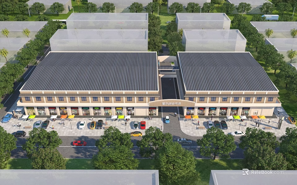 Commercial Street With Two Buildings Black Roofs Beige Exteriors Parking Lot Shops Trees And Greenery 3d model 