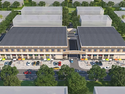 Commercial Street With Two Buildings Black Roofs Beige Exteriors Parking Lot Shops Trees And Greenery 3d model