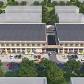 Commercial Street With Two Buildings Black Roofs Beige Exteriors Parking Lot Shops Trees And Greenery