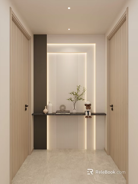 Modern Entryway Hallway Interior With Striped Wall Ambient Lighting Console Table Green Plant And Decor 3d model 