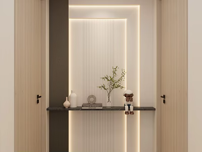 Modern Entryway Hallway Interior With Striped Wall Ambient Lighting Console Table Green Plant And Decor 3d model