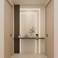 Modern Entryway Hallway Interior With Striped Wall Ambient Lighting Console Table Green Plant And Decor