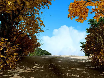 Road Facilities With Dirt Road Autumn Trees Blue Sky And White Clouds 3d model