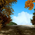 Road Facilities With Dirt Road Autumn Trees Blue Sky And White Clouds