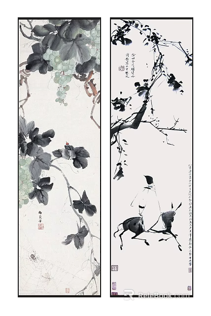 Elegant Traditional Chinese Ink Botanical Painting With Vine Leaves And Branches 3d model 