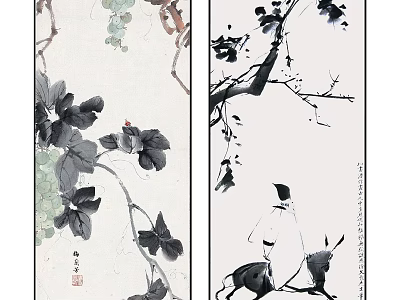 Elegant Traditional Chinese Ink Botanical Painting With Vine Leaves And Branches 3d model