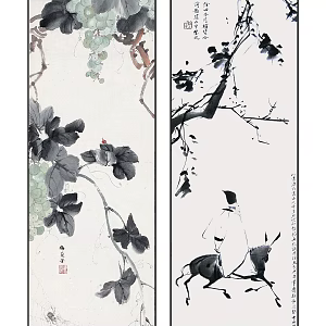 New Chinese Plant Painting Elegant Zen Grape Figure Hanging Painting Combination 3d model