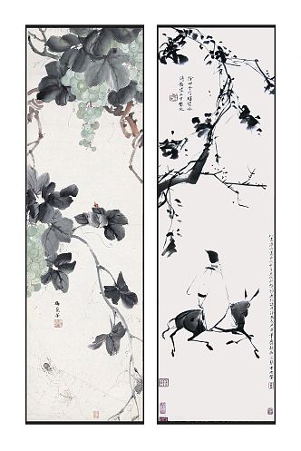 New Chinese Plant Painting Elegant Zen Grape Figure Hanging Painting Combination 3d model