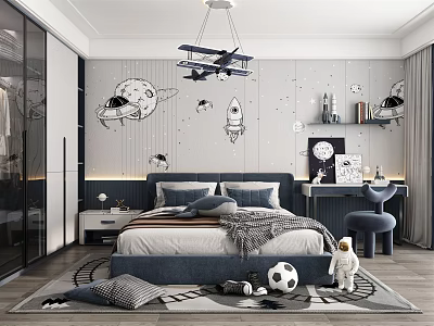 Space Themed Kids Room Starry Wallpaper Blue Bed Hanging Plane Astronaut Toy Soccer Ball 3d model