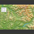Detailed 3D Terrain Model With Green Mountain Ranges River And White Marker