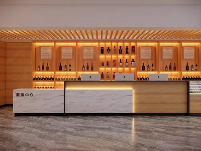 Liquor Store Interior With Wooden Shelves Alcohol Bottles Warm Lighting And Service Center 3d model
