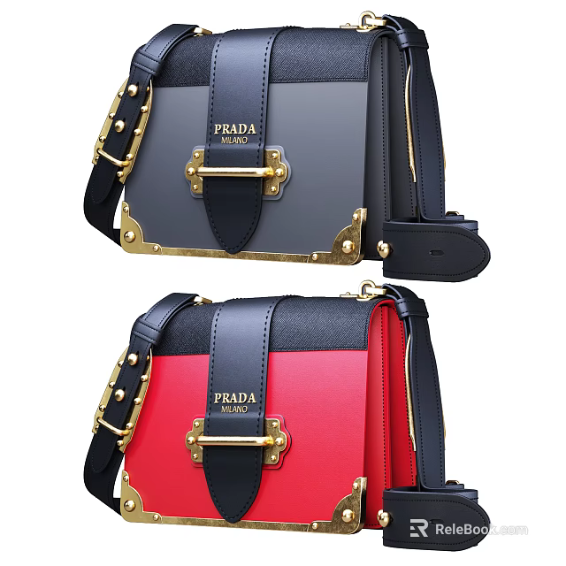 Prada Handbags Featuring Black Gray Red Colors And Gold Metal Hardware Straps 3d model 
