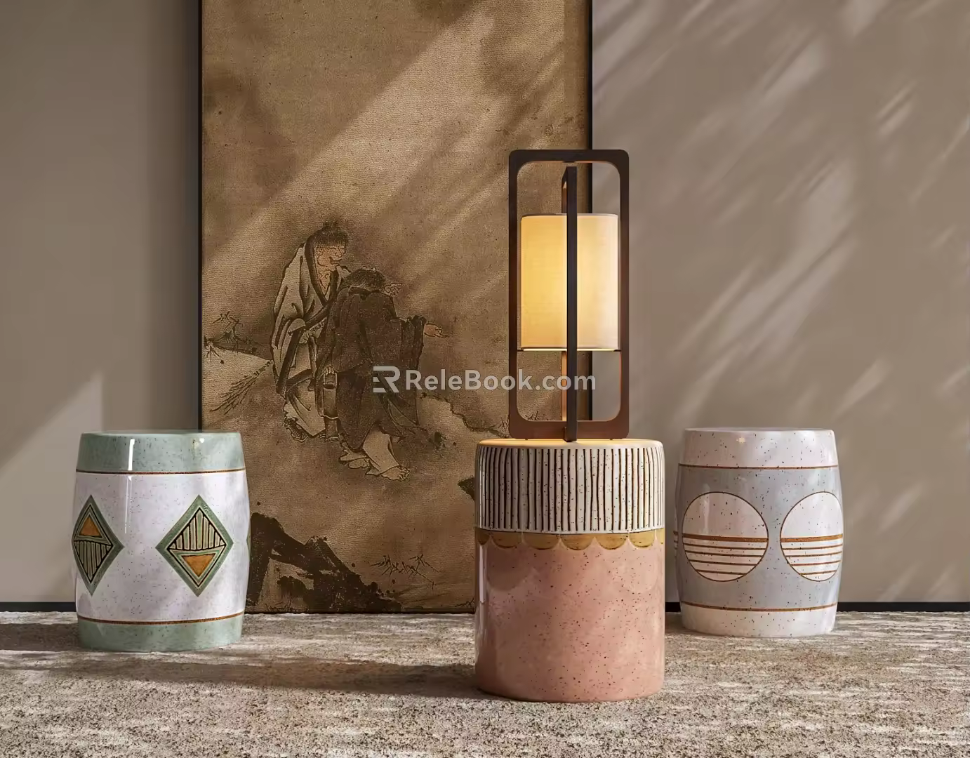 New Chinese Style Drum Stool Song Style Aesthetic Stool Table Lamp Decorative Painting 3d model