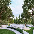 Lush Park Landscape With Winding Paths Trees Flower Beds Green Lawn And Wooden Playground