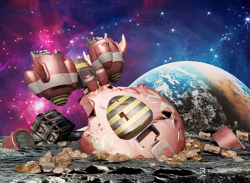 Cartoon Scene Of Pink Mechanical Structure In Starry Space With Earth And Debris 3d model 
