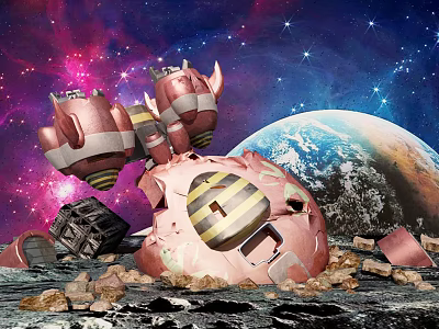 Cartoon Scene Of Pink Mechanical Structure In Starry Space With Earth And Debris 3d model