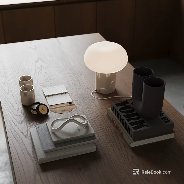 Modern Decorative Ornament Set with White Table Lamp Black Cups and Books on Minimalist Wooden Desktop 3d model 