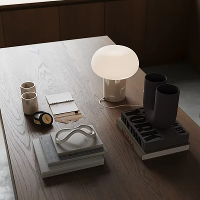 Modern Decorative Ornament Set with White Table Lamp Black Cups and Books on Minimalist Wooden Desktop 3d model