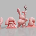 Pink Rabbit Figurines In Different Poses Holding Objects Sitting Lying With Qi Jixiang Sign 3d model