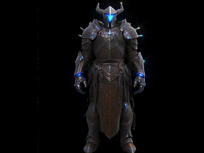 Game And Movie Character In Dark Armor With Horned Helmet And Blue Glowing Accents 3d model