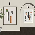 Modern Abstract Paintings on Beige Wall with Archway Wooden Floor and Potted Plant