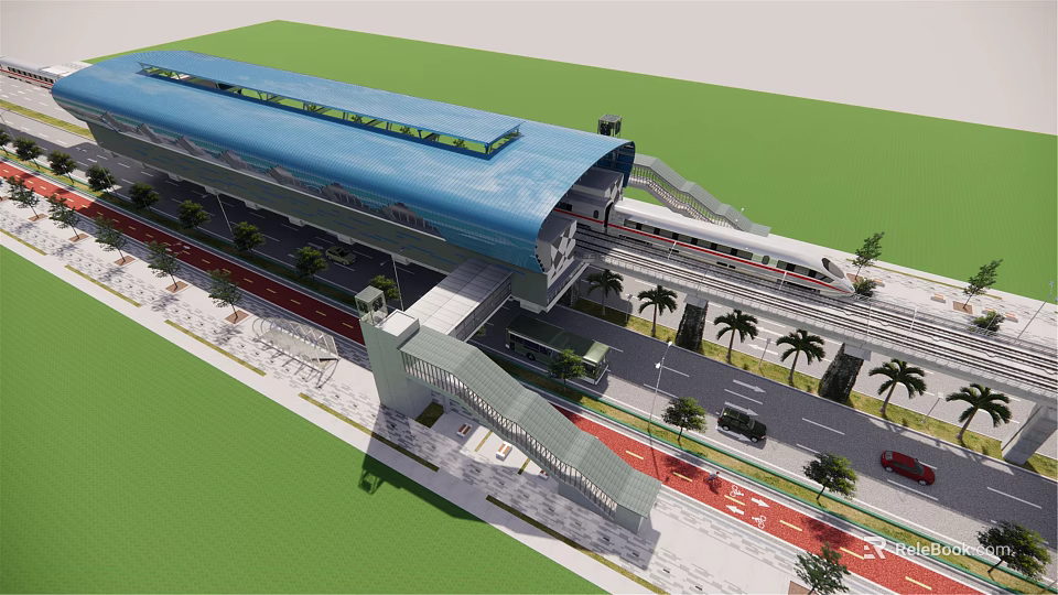 Modern Train Station With Blue Roof Train Passing Through Palm Trees And Road 3d model 