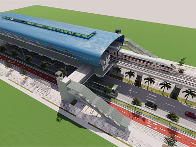 Modern Train Station With Blue Roof Train Passing Through Palm Trees And Road 3d model
