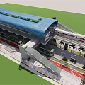 Modern Train Station With Blue Roof Train Passing Through Palm Trees And Road