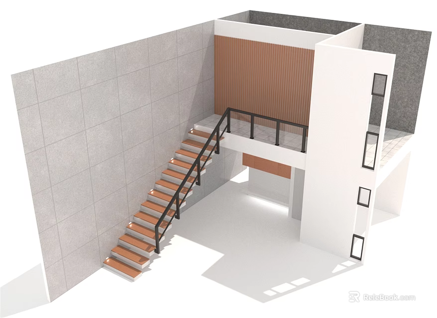 Modern Interior Stairs with Wooden Steps Black Railing and Gray Concrete White Walls 3d model 