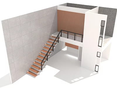 Modern Interior Stairs with Wooden Steps Black Railing and Gray Concrete White Walls 3d model