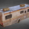 Old Rusty Camper Van Exterior With Striped Body Windows And Roof Rack
