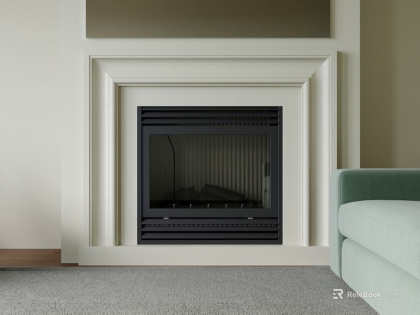 Modern Living Room Fireplace With White Frame Black Insert And Green Sofa On Gray Carpet 3d model 