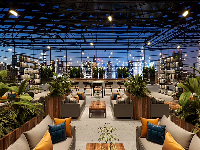 Rooftop Restaurant Interior With City Skyline Night View Green Plants And Comfortable Sofas 3d model