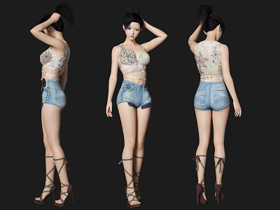 Woman Posing In Different Angles Wearing Lace Top Denim Shorts And Strappy High Heels 3d model