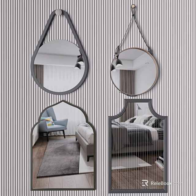 Various Shaped Decorative Mirrors Hanging On Vertical Striped Wall Reflecting Room Furniture 3d model 