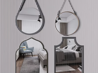 Various Shaped Decorative Mirrors Hanging On Vertical Striped Wall Reflecting Room Furniture 3d model