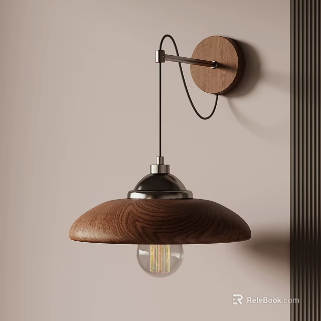 Modern Wooden Wall Lamp With Metal Base And Exposed Vintage Bulb 3d model 