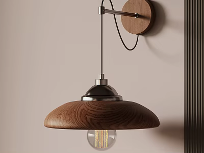 Modern Wooden Wall Lamp With Metal Base And Exposed Vintage Bulb 3d model