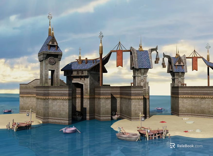 Cartoon Scenery of Medieval Castle by Ocean with Small Boats Beach Flags and Clock Towers 3d model 