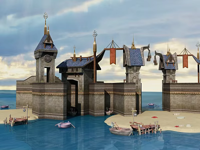 Cartoon Scenery of Medieval Castle by Ocean with Small Boats Beach Flags and Clock Towers 3d model