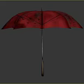 Stylish Red Umbrella Featuring White Scenic Landscape Patterns On Surface And Wooden Handle