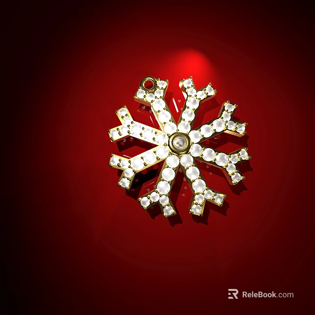 Exquisite Snowflake Shaped Pendant With Gold Frame And Sparkling Diamonds On Red Background 3d model 