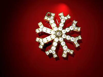 Exquisite Snowflake Shaped Pendant With Gold Frame And Sparkling Diamonds On Red Background 3d model