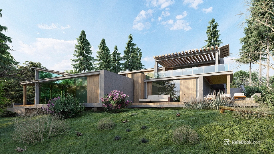 Modern Detached Villa With Glass Walls Pergola Covered Terrace And Surrounding Green Trees 3d model 