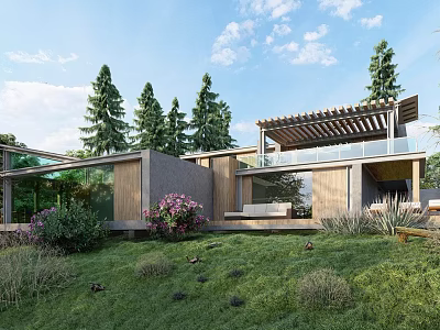 Modern Detached Villa With Glass Walls Pergola Covered Terrace And Surrounding Green Trees 3d model
