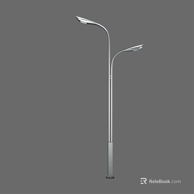 Silver Curved Pole Outdoor Street Light With Dual Lamp Heads For Road Lighting 3d model 